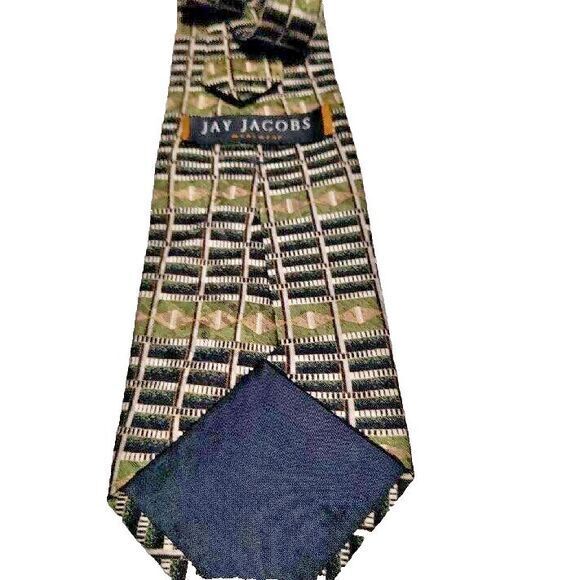 VTG 80s Jay Jacobs Men's Olive Green & Black Patterned 100% All Silk Made in USA - Picture 2 of 4